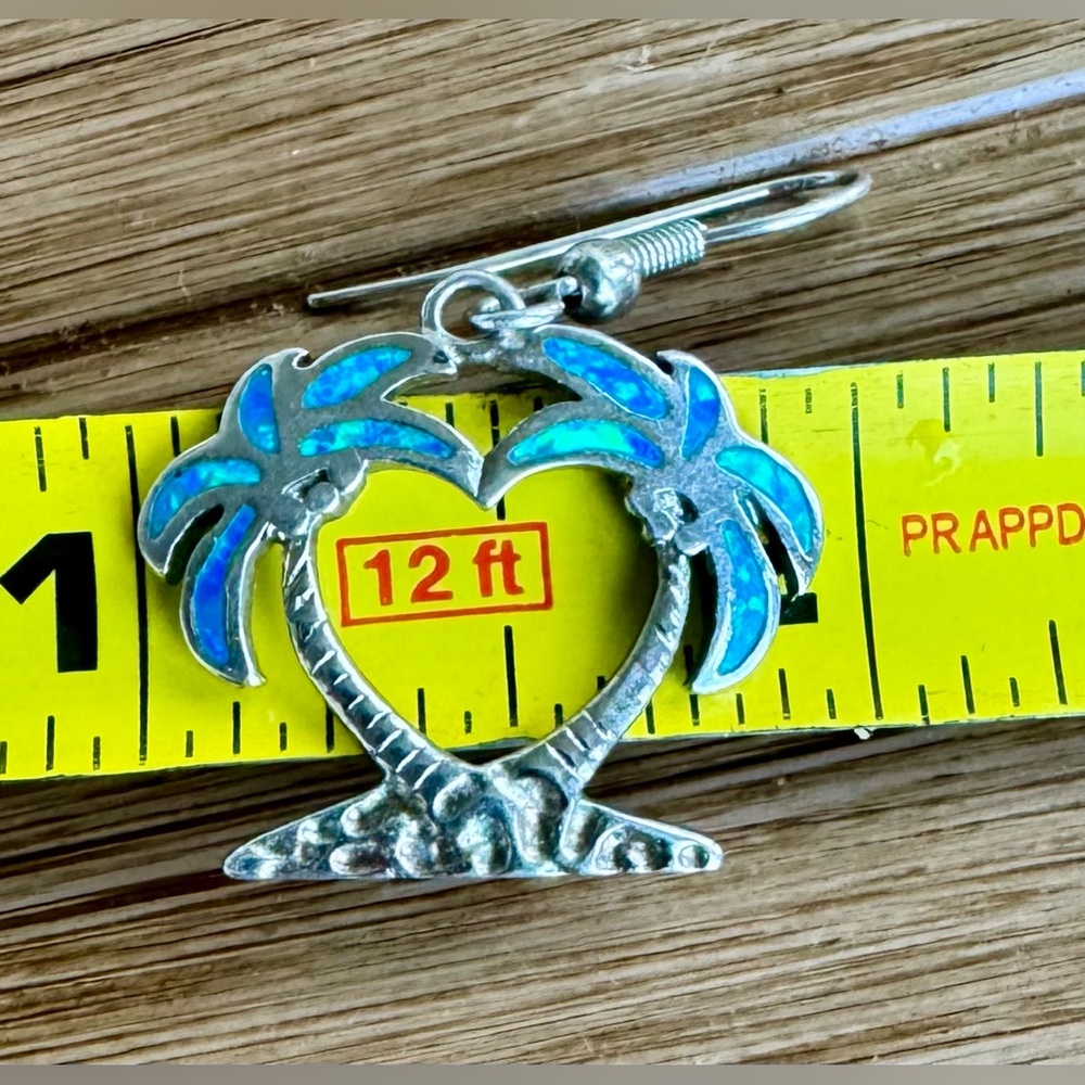 925 Sterling Silver Blue Opal Heart/Palm Tree Shape Dangle Earrings French Wire - Picture 8 of 10